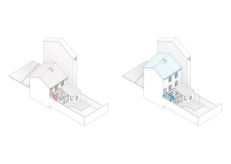 Axonométrie depuis le jardin (à gauche état existant, démolitions en rouge, à dr