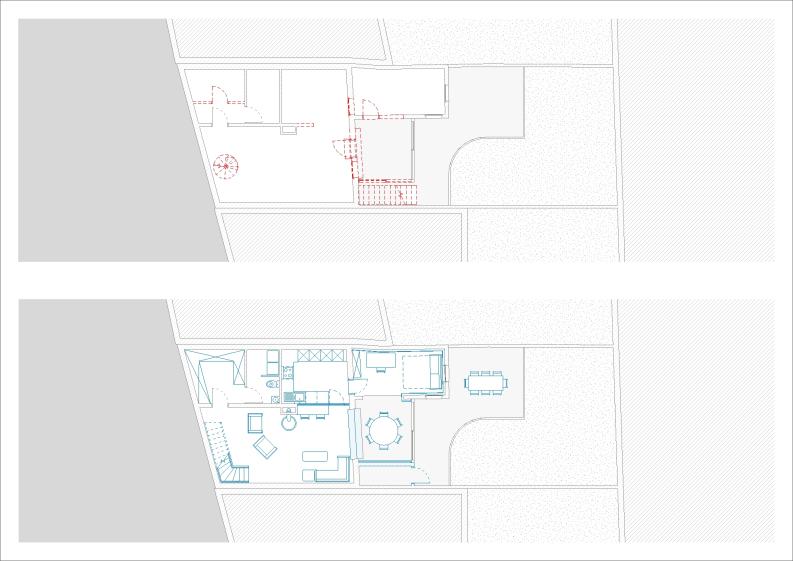 Plan du rez-de-jardin (en haut état existant, démolitions en rouge, en bas état 