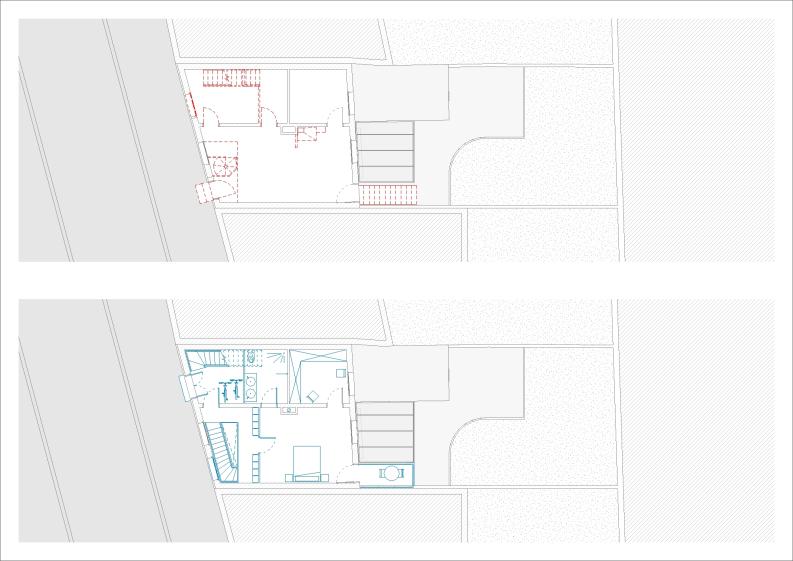 Plan du rez-de-chaussée (en haut état existant, démolitions en rouge, en bas éta