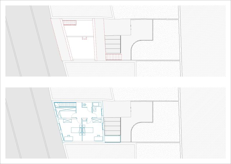 Plan de l'étage (en haut état existant, démolitions en rouge, en bas état projet