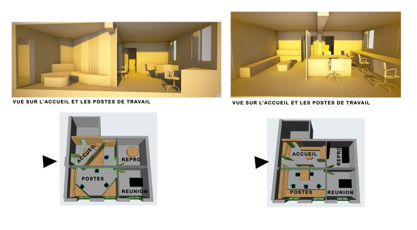 AMENAGEMENTS DE BUREAUX - pludieurs propositions de traitement de l'espace - vue