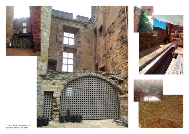 Consolidation des vestiges du logis sud de l’aile italienne - vue depuis la cour