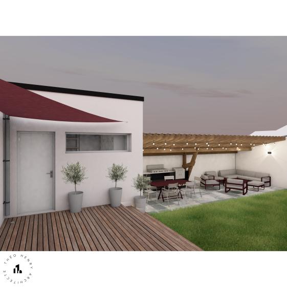 Vue de l'extension depuis la terrasse bois
