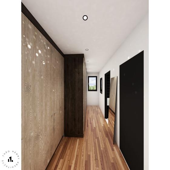 Le dressing, organisé dans la longueur, se veut pratique et lumineux.