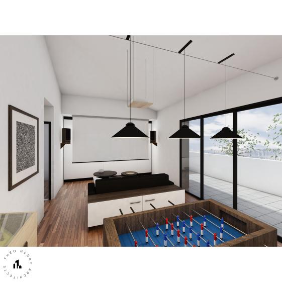 Salle de jeux mutli-activités avec grand balcon orienté au Nord.