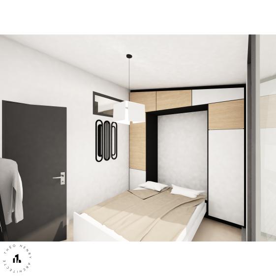 Chambre modulable pouvant servir pour recevoir des invités, avec un meuble sur m