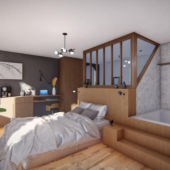 Vue intérieure d'une chambre avec sa salle d'eau et son spa