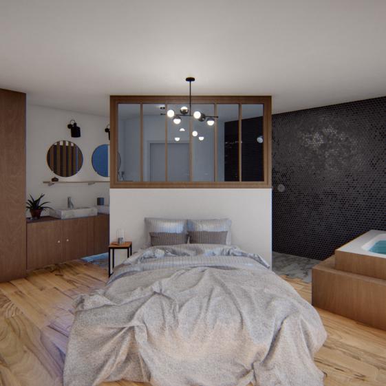 Vue intérieure d'une chambre avec sa salle d'eau et son spa