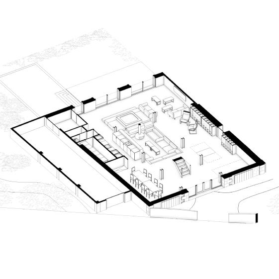 Axonométrie coupée du projet - RDC