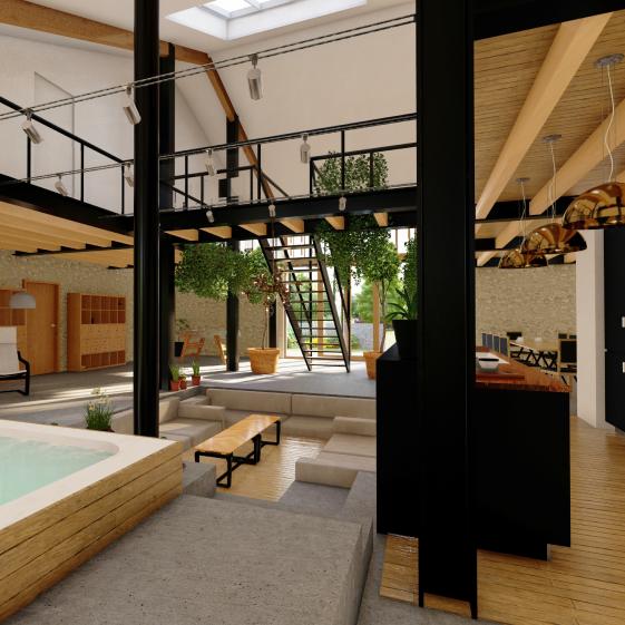 Vue intérieure du loft baigné d'une lumière naturelle zénithale