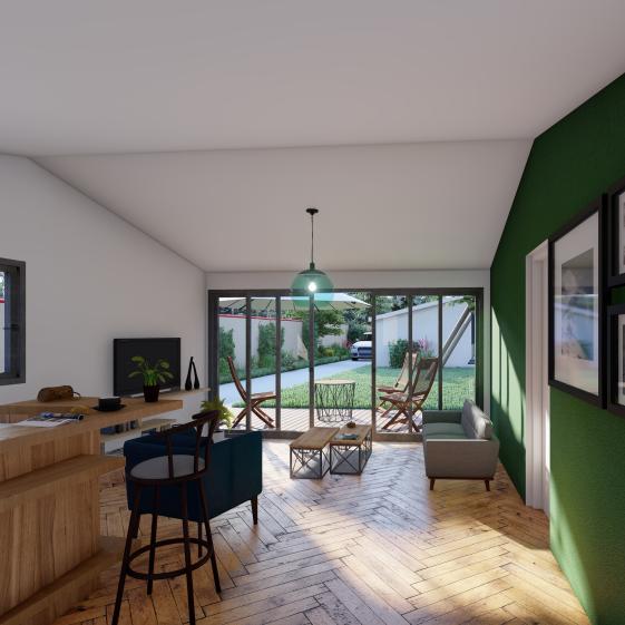Vue intérieure de l'extension montrant le salon et sa grande baie vitrée
