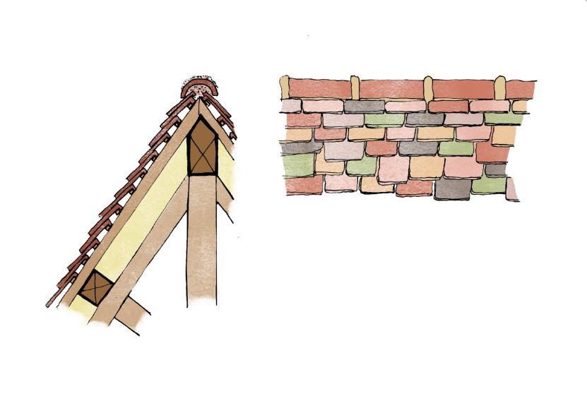 Détail de charpente et couverture en tuiles vernissées