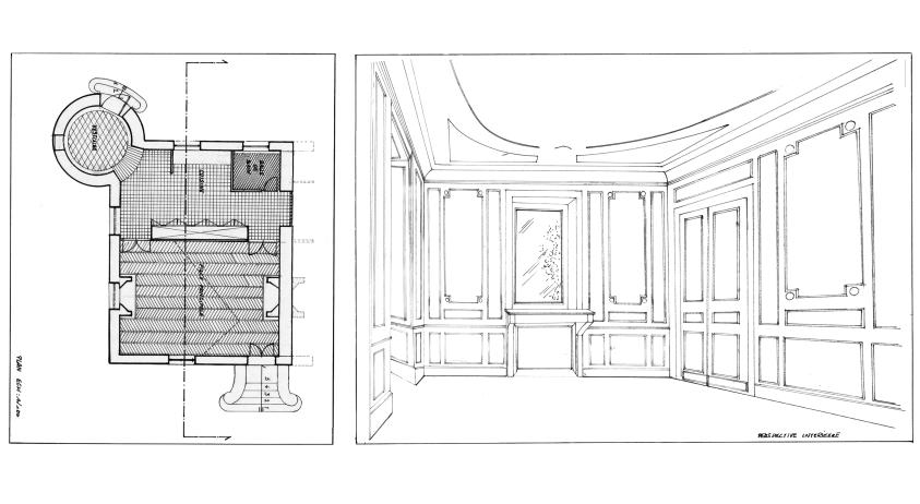 Plan d’aménagement et perspective de la partie sud du château