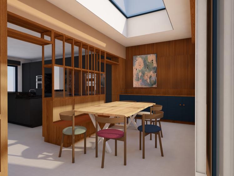 Salle à manger - projet - puits de lumière et panneaux acoustiques