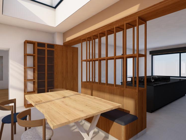 Salle à manger - projet - un vaisselier assure la liaison avec la cuisine en tra