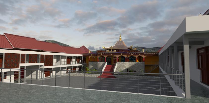 Vue depuis la terrasse sur la cour et le temple