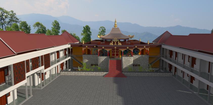 Vue depuis un balcon sur la cour et le temple