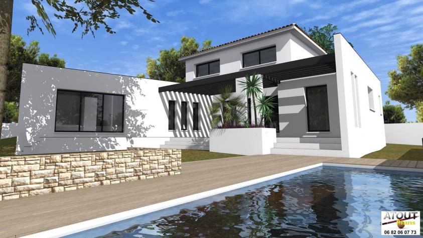 Simulation 3D_  2 chambres à l'étage, suite parentale au RdC, piscine