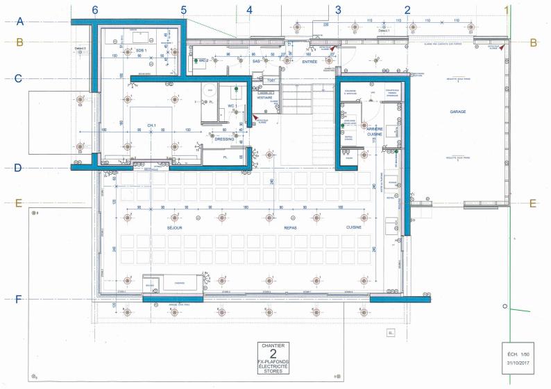 Plan du rez-de-chaussée et du rez-de-jardin avec dessin des faux plafonds acoust