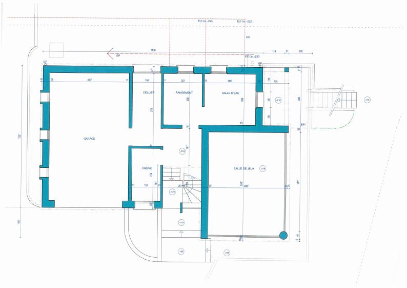 Plan du rez-de-jardin existant avec la salle de jeux accessible seulement par l'