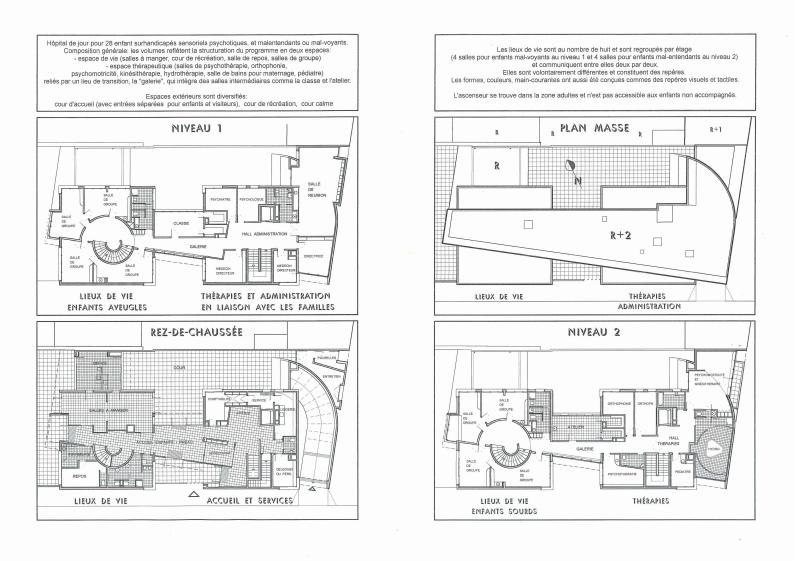 Plan masse, plans du rez-de-chaussée, du 1er étage et du 2ème étage.