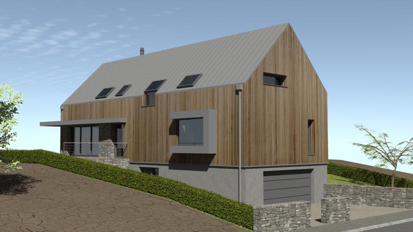 Maison neuve toiture en pente et terrasse