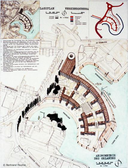 Axonométrie générale du nouveau quartier d'habitation sur l'ancien quai portuair