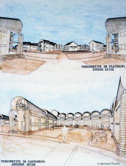 Vues perspectives sur la rue piétonne centrale irrigant le quartier d'habitation