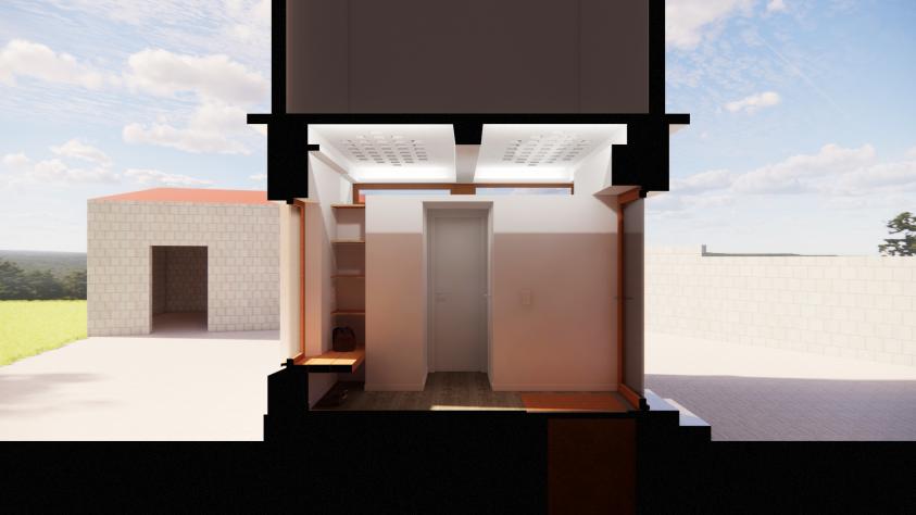 Entrée | volume central sous la lumière réfléchie au plafond