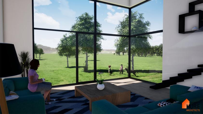 Extension d'une maison - Séjour double hauteur sous plafond - Grande baie vitrée