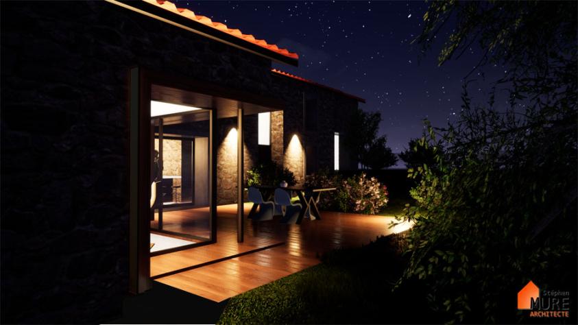 Réhabilitation d'une Maison en Pierres - Fenêtre d'angle et terrasse bois, de nu