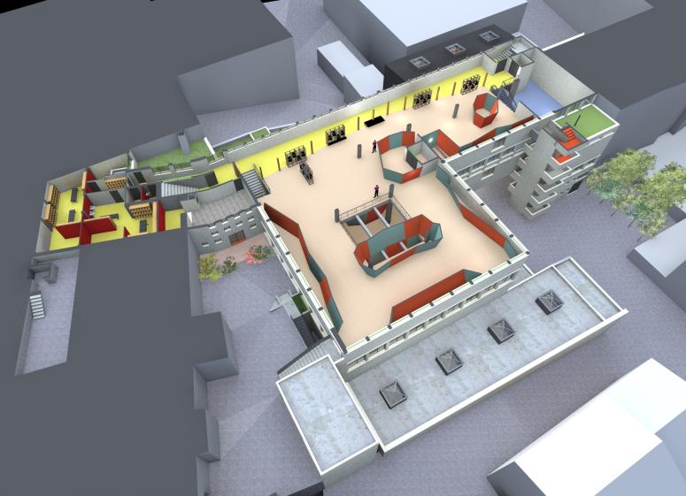 Niveau de la salle de bloc sportive et des vestiaires.