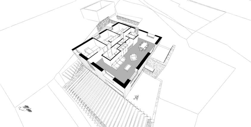 Plan en perspective sur le niveau pièce de vie de la maison