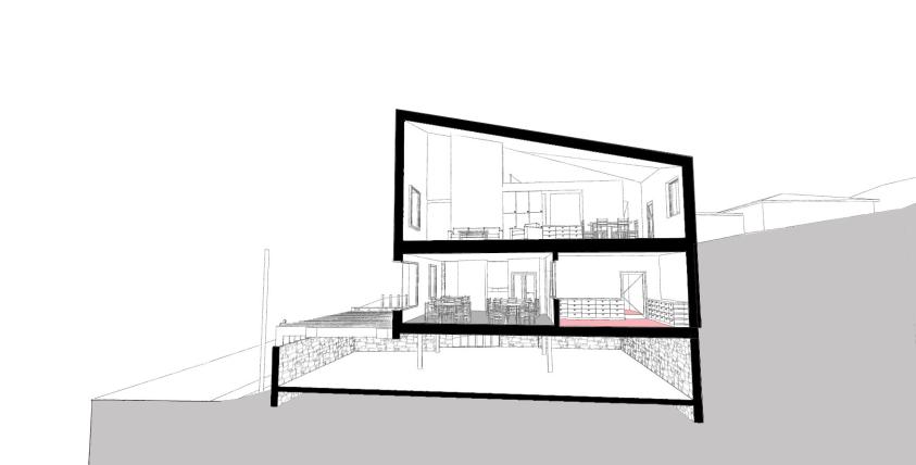 Coupe de principe sur la salle de restaurant / cuisine et l'habitation