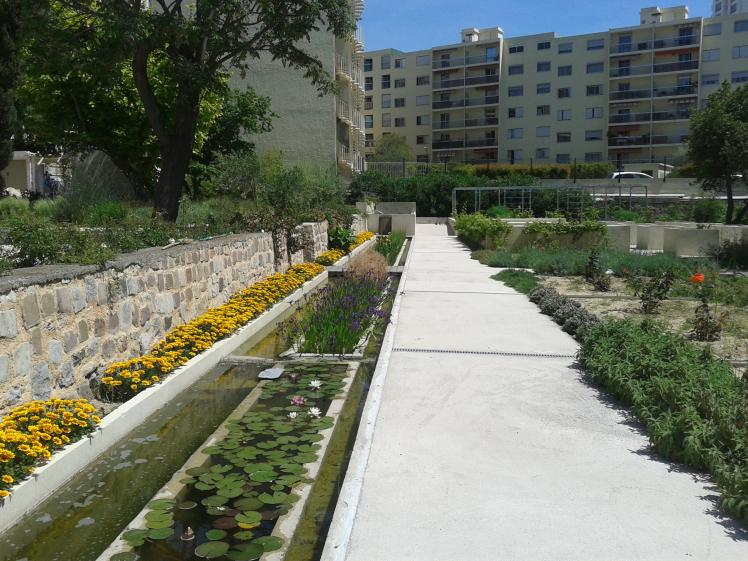 Jardin : allée piétonne et canal planté