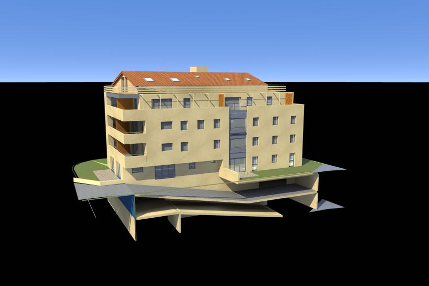 Vue sur façade Nord-est avec coupe sur sous-sol