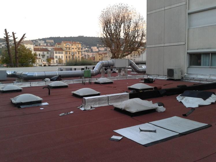 Toiture-terrasse : reprise étanchéité, skydomes, réseaux d'extraction.