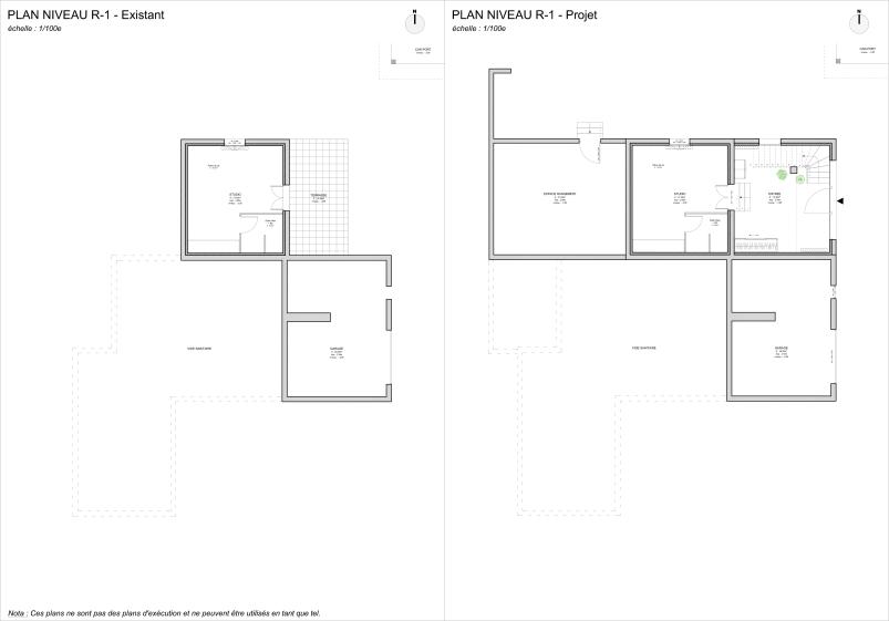 PLANS DE NIVEAU R-1 - EXISTANT et PROJET