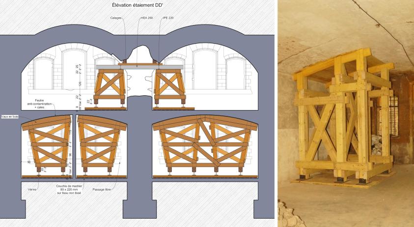 Coupe de la casemate pour la mise en place de des étaiement d'urgence