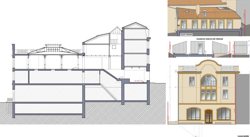 Coupe du projet - Elévations de la terrasse, de l'édicule sur la terrasse et de 