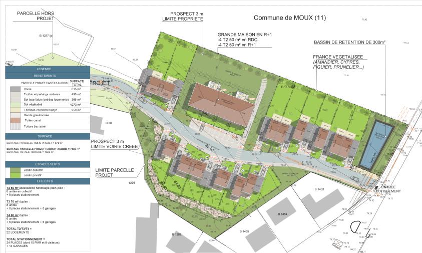 PLAN MASSE LOTISSEMENT DE 22 LOGEMENTS A MOUX.