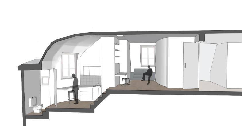Aménagement d'un studio en haut de l'escalier de service.