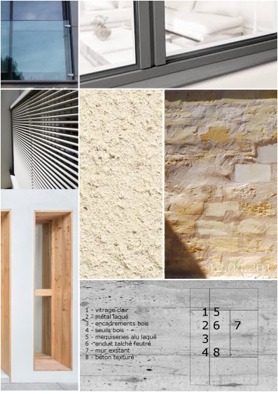 Planche matériaux/ pierre, béton, aluminium laqué,bois. 