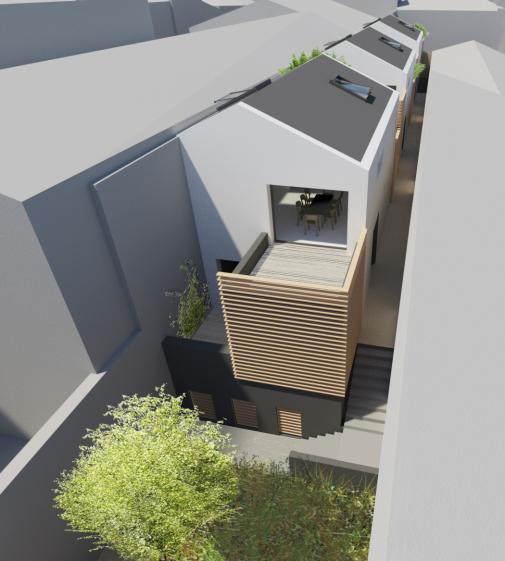 Vue des logements urbains sur parking collectif / visuel "bob archi"