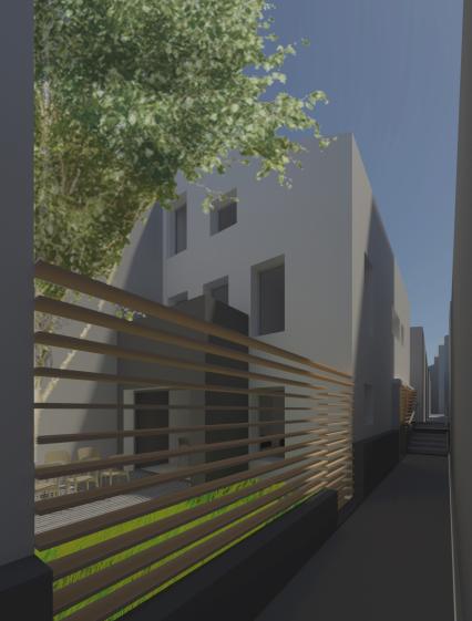 Vue des maisons en cœur de parcelle depuis la ruelle / visuel "bob"