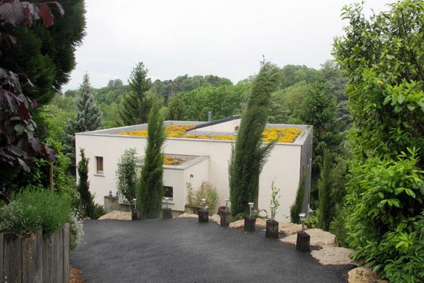 Maison passive écologique à ossature bois, toit végétalisé et panneaux solaires.