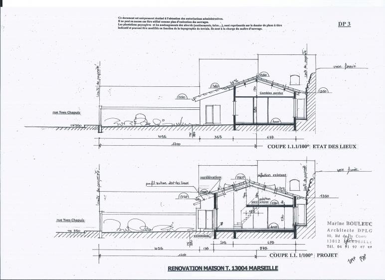 coupes sur existant et sur projet.