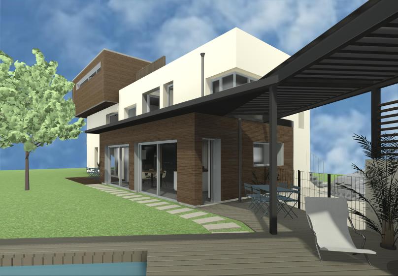 Extension bois, cuisine avec îlot central et pergola bioclimatique, le jardin de