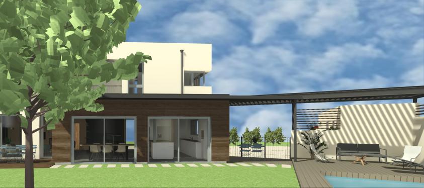 Une pergola bioclimatique dans le prolongement de l'extension bois, la piscine d