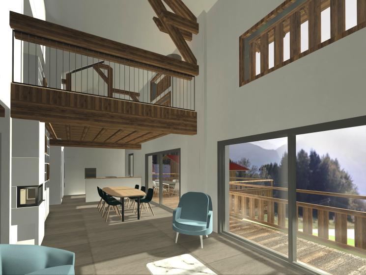 Création d'ouvertures sur une terrasse bois, mezzanine sur séjour en double haut